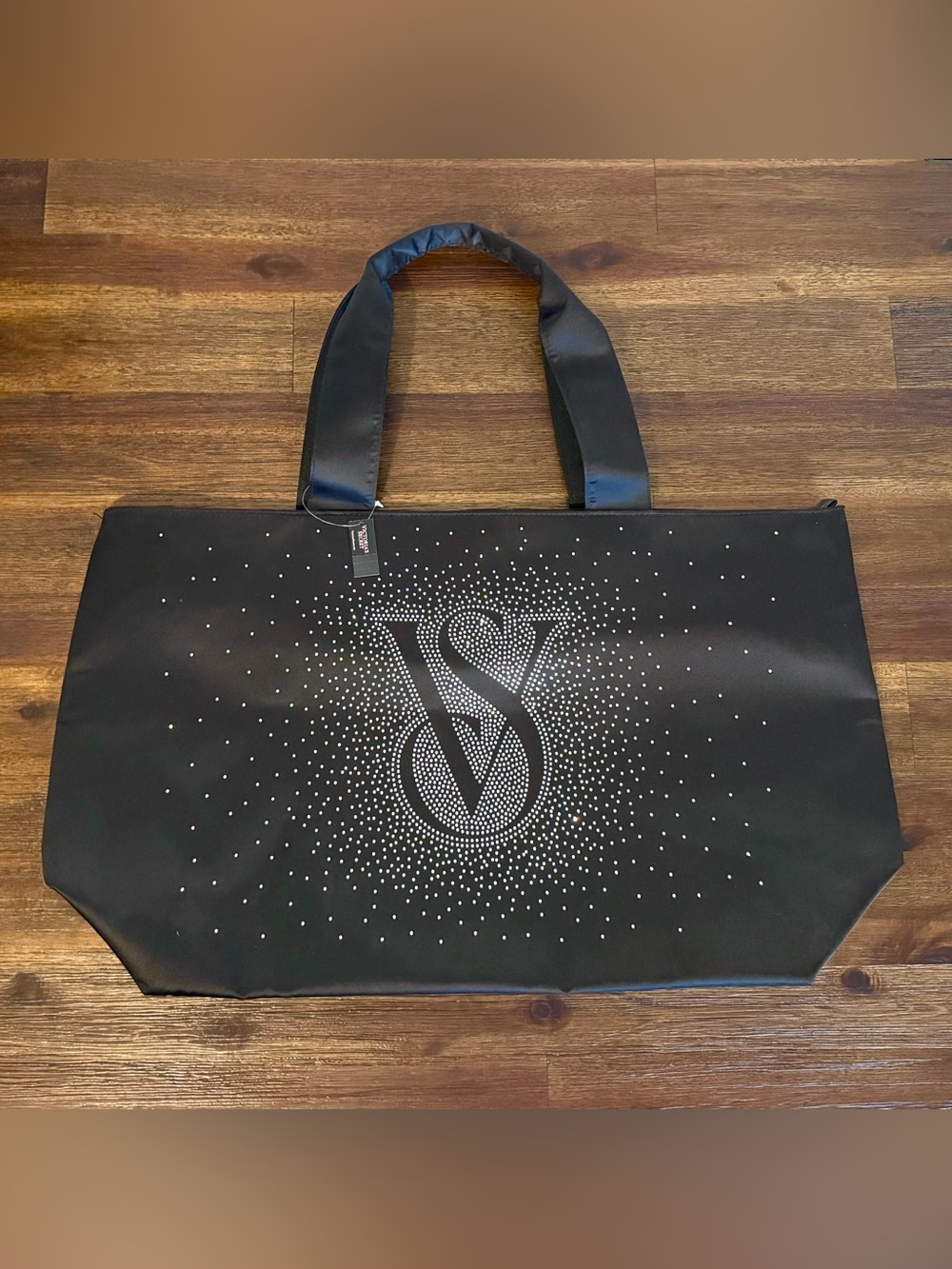 NEW Victoria's Secret Rhinestone Black Large Tote Logo Zipper Pockets Swift DEAL